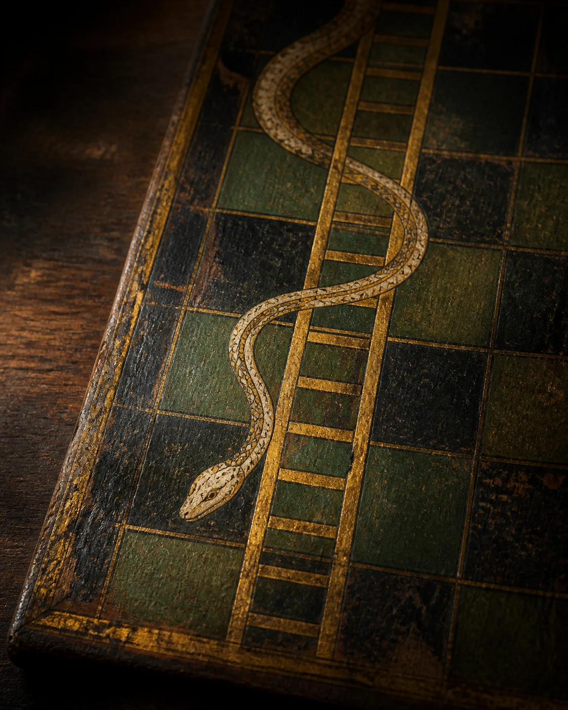Serpente e escada pintadas em um tabuleiro artesanal