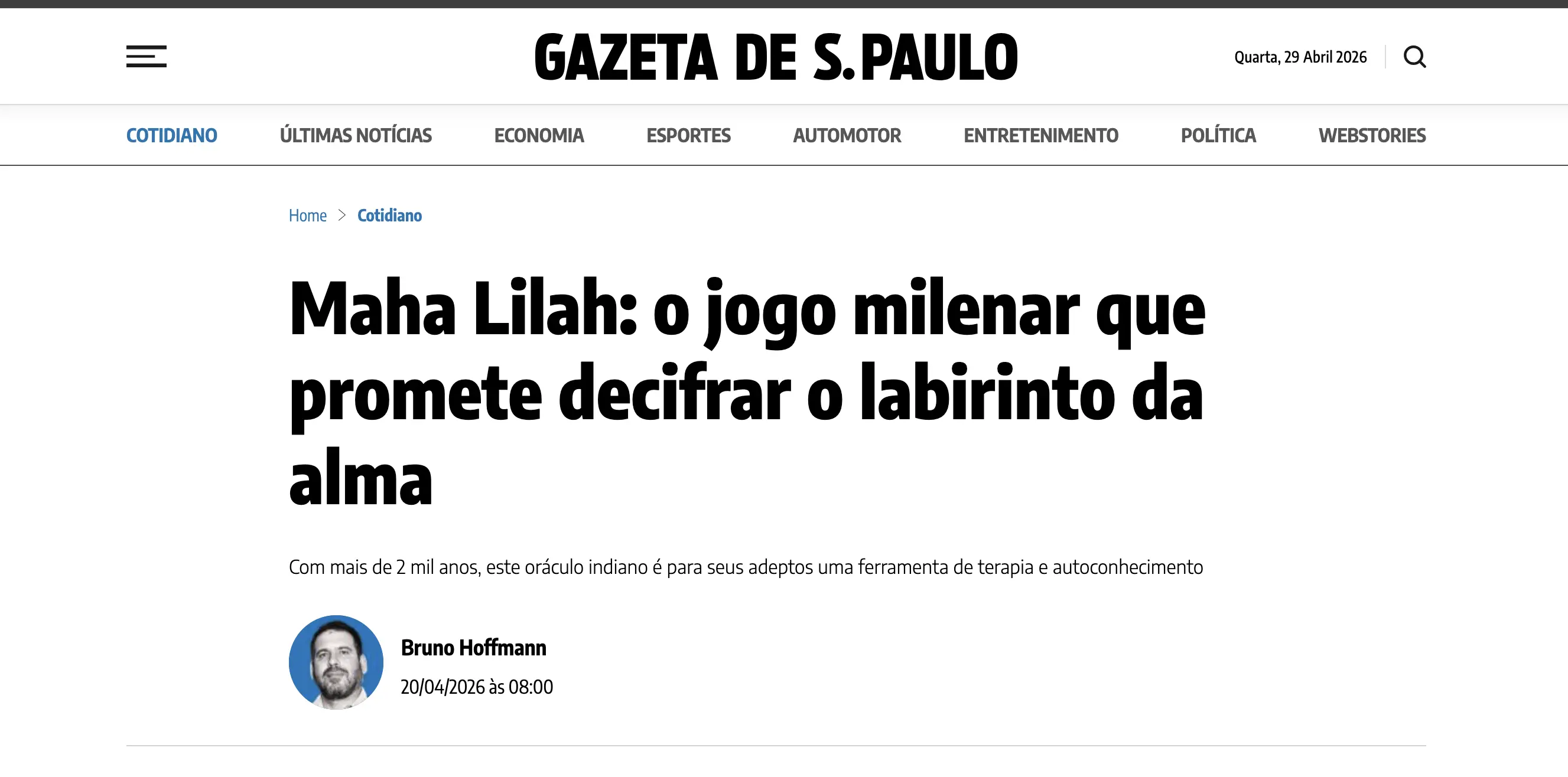 Preview editorial de matéria sobre Maha Lilah na Gazeta de S.Paulo